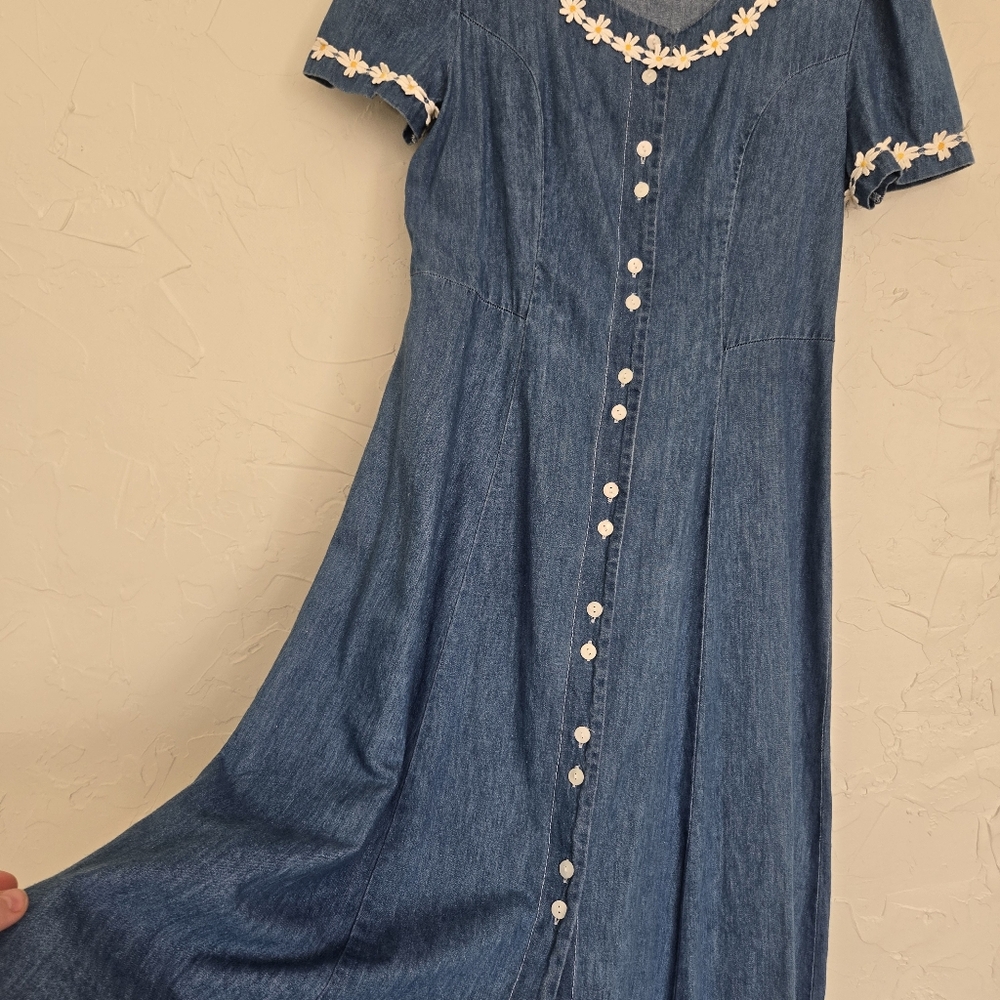 Vintage Daisy Trim Denim Jean Button Front Midi Dress, M - Picture 5 of 11